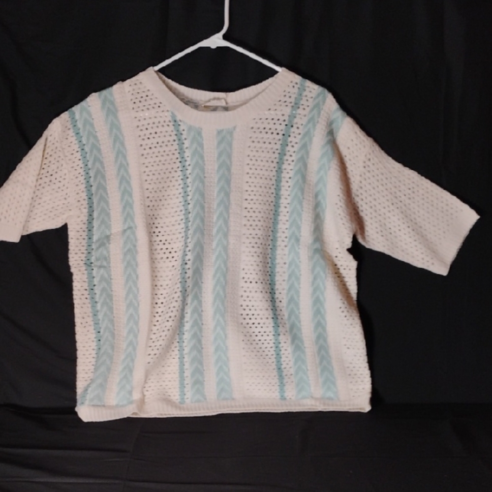 La Miel Coastal Knit Sweater Cream Blue Striped Oversized Lightweight Short Slee - Picture 3 of 8